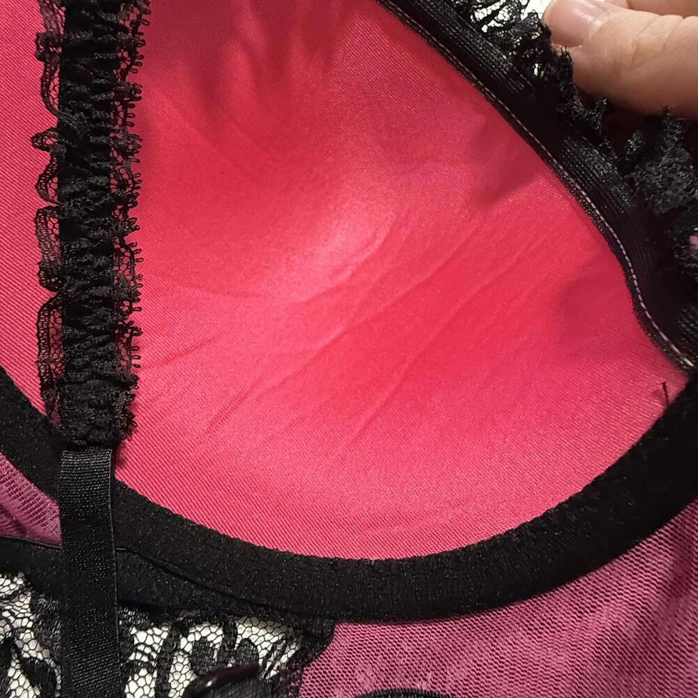 Victoria’s Secret Black Pink Babydoll Chemise Garters 36C Sexy Little Things - Picture 7 of 13
